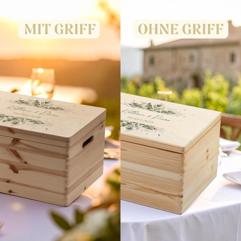 AMARI Erinnerungskiste Hochzeit Pflanzenwelt: zwei Holzkisten im Vergleich, links mit Griffmulde, rechts ohne Griff.