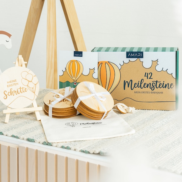 MEILENSTEINKARTEN Baby aus Holz - 42 Meilensteine auf Holztafeln - Babyparty Geschenk - Baby Monatskarten - Meilenstein Baby - AMARI ®