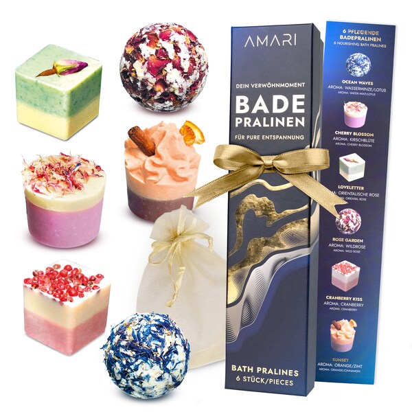 AMARI ® Badepralinen Geschenkset Damen - 6 vegane Badepralinen als Entspannungs Geschenk für Frauen - Badezusatz Set - Entspannungsbad