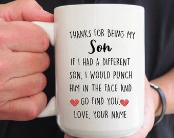 Personalisierte Sohn Geschenk für Sohn Becher, danke, dass du mein Sohn bist Kaffeetasse, lustige Geburtstag Weihnachtsgeschenke für ihn Abschlussgeschenk von Mama Papa