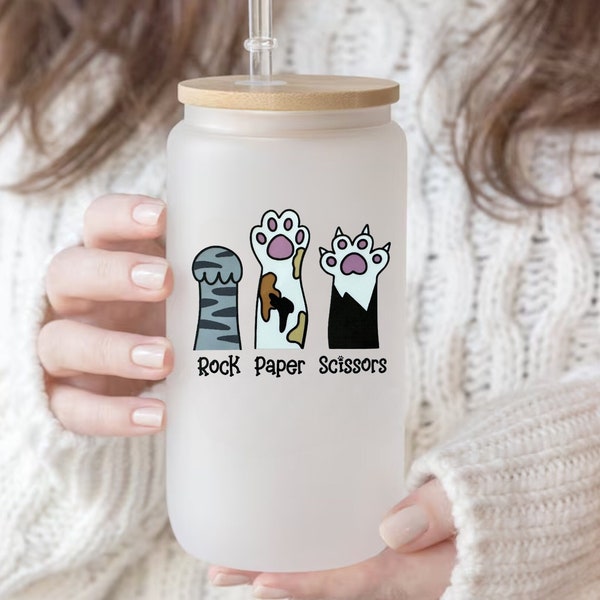 Rock Paper Scissors Glass Mug, Cat Mom Gifts, Cat Dad Gifts, Cat Mom Coffee Cup, Cat Paw Print Mug, Cute Cat Mug, Crazy Cat Lady Christmas