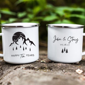 Tin Year Anniversary Mug, Custom 10Th Anniversary Gift, Personalized 10 Year, 10Th Anniversary Tin Gifts, Happy Tin Years Enamel Camp Mug