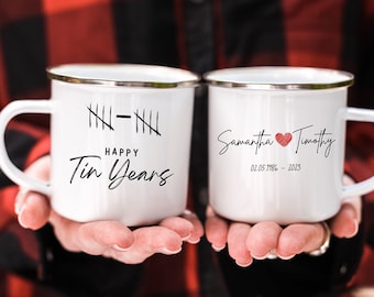 10 Year Anniversary Gift for Wife, 10 Year Tally, Tin Anniversary Gift, Custom 10 Year Anniversary, Happy Tin Years Anniversary Camping Mug
