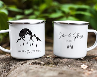 Tin Year Anniversary Mug, Custom 10Th Anniversary Gift, Personalized 10 Year, 10Th Anniversary Tin Gifts, Happy Tin Years Enamel Camp Mug