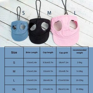 May include: A chart showing different sizes of dog hats with measurements in inches and centimetres. The chart shows the brim length, cap length, cap girth, and recommended weight for each size. The sizes are S, M, L, and XL. The hats are shown in blue, black, and pink.