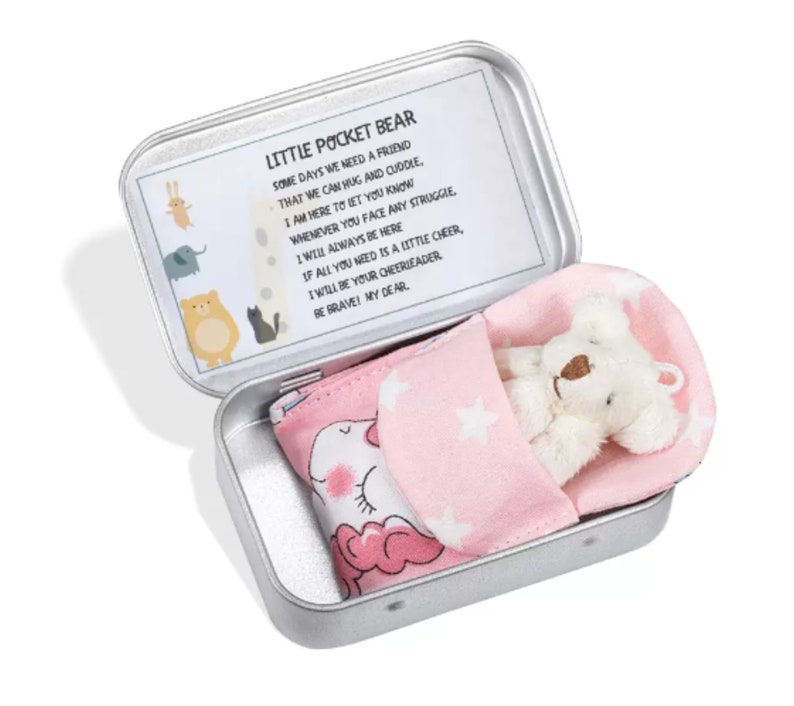 May include: A small white teddy bear with brown eyes is lying in a pink and white sleeping bag. The sleeping bag is in a silver tin with a message that reads "Little Pocket Bear. Some days we need a friend that we can hug and cuddle. I am here to let you know whenever you face any struggle, I will always be here. If all you need is a little cheer, I will be your cheerleader. Be brave! My dear."