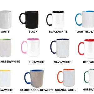 May include: A set of 12 white ceramic mugs with different colored rims. The mugs are arranged in three rows of four. The colors of the rims are white, black, light blue, lime green, pink, navy, red, yellow, Cambridge blue, orange, and green.