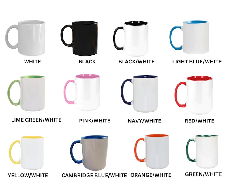May include: A set of 12 white ceramic mugs with different colored rims. The mugs are arranged in three rows of four. The colors of the rims are white, black, light blue, lime green, pink, navy, red, yellow, Cambridge blue, orange, and green.