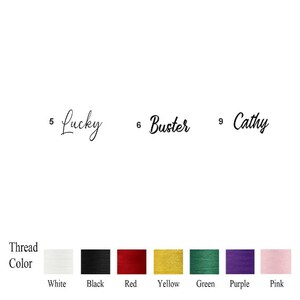 May include: A chart with the names Lucky, Buster, and Cathy, numbered 5, 6, and 9 respectively. Below the names are colour swatches labelled white, black, red, yellow, green, purple, and pink.