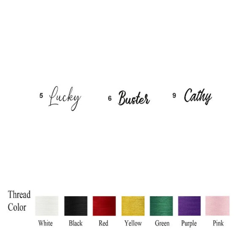 May include: A chart with the names Lucky, Buster, and Cathy, numbered 5, 6, and 9 respectively. Below the names are colour swatches labelled white, black, red, yellow, green, purple, and pink.