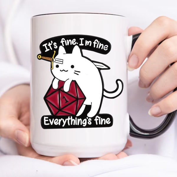 Cat Dungeon and Dragon Mug, Dnd Gfts, Im Fine Its Fine, Cat Throwing Dice, Game Dice Attackitty, Dnd Mug, Gamer Girlfriend Boyfriend Mug