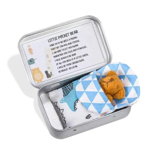 May include: A small, brown teddy bear in a blue and white patterned sleeping bag inside a silver tin with a message that reads: "Little Pocket Bear Some days we need a friend that we can hug and cuddle. I am here to let you know whenever you face any struggle, I will always be here. If all you need is a little cheer, I will be your cheerleader. Be brave! My dear."