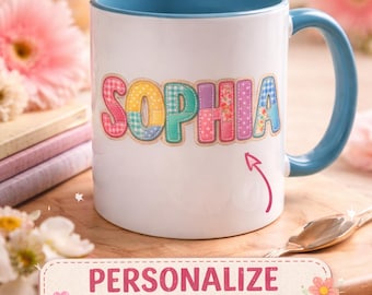 Custom Patch Name Mug, Personalized Cute Name Mug, Faux Embroidered Name Cup, Cute Kids Name Coffee Mug, Custom Gift for Her
