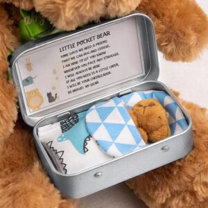 May include: A small brown teddy bear holding a silver tin with a blue and white patterned fabric inside. The tin has a message that reads "Little Pocket Bear Some days we need a friend that we can hug and cuddle. I am here to let you know whenever you face any struggle, I will always be here If all you need is a little cheer, I will be your cheerleader. Be brave! My dear."