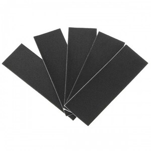 May include: A fan of five black rectangular hook and loop fastener strips, arranged on a white background. The strips are made of a textured material and have a white border. The strips are fanned out, with the ends of the strips pointing towards the viewer.