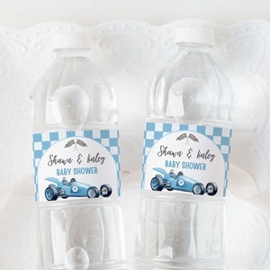 Edytowalna etykieta na butelkę z wodą na Baby Shower z motywem samochodu wyścigowego, butelka na Baby Shower z motywem samochodu wyścigowego w stylu vintage, niebieski prysznic z motywem samochodu wyścigowego, Baby Shower dla chłopca, RCBS01