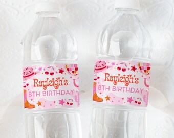 Editable Retro Cowgirl Birthday Water Bottle Label, Pink Disco Cowgirl, Girl Rodeo Birthday Labels, Pink Rodeo Party Decorations DCBP02