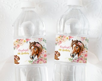 Editable Cowgirl Birthday Water Bottle Label, Horse Birthday Tent Cards, Floral Cowgirl Horse Bottle Labels, Horse Birthday Bottle Stickers