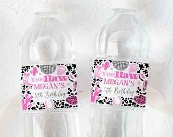 Editable Disco Cowgirl Birthday Water Bottle Label, Pink Disco Cowgirl, Girl Rodeo Birthday Labels, Pink Rodeo Party Decorations DCBP01