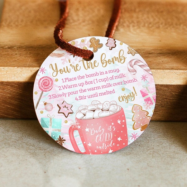 Editable Pink Christmas Hot Chocolate Bomb Tags, Christmas Bombs Favor Tags, Printable Pink Christmas Bomb Tags