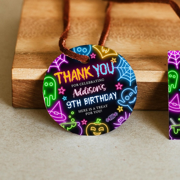 Neon Halloween Birthday Favor Tag Template, Spooky Halloween Party Thank You Tag, Printable Neon Halloween Birthday Decor, Neon Halloween