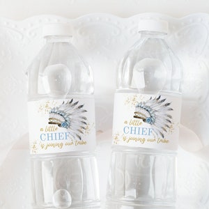 Editable Tribal Baby Shower Water Bottle Label, Tribal Boy Baby Shower Bottle Sticker, Blue Tribal Baby Shower, Little Chief Baby Shower