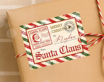 Classic Vintage Gift Name Stickers Labels Tags From Santa Mail North Pole Christmas Label Holiday Present Tag Santa Delivery Download CH01