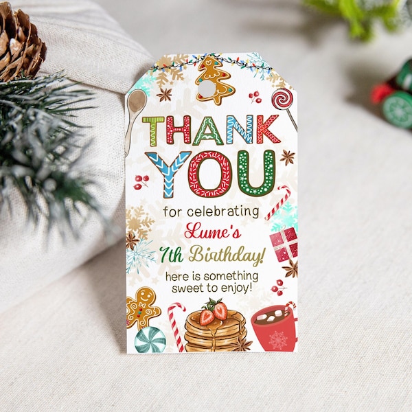 Editable Christmas Pancake Party Favor Tags Template, Christmas Thank You Tags, Printable Christmas Party Favors