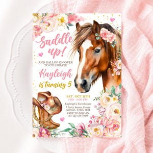 Editable Cowgirl Birthday Invitation Template, Girl Horse Birthday Invitation, Cowgirl Party Horse Invite, Pink Floral Birthday Invitation