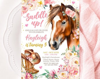 Editable Cowgirl Birthday Invitation Template, Girl Horse Birthday Invitation, Cowgirl Party Horse Invite, Pink Floral Birthday Invitation