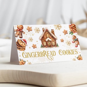 Bearbeitbare Lebkuchenhaus-Lebensmitteletiketten, Weihnachtsplätzchen, die Party-Tischkarten dekorieren, Weihnachtslebkuchenhaus-Tischkarten, CGP01