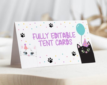 Könnte beinhalten: Eine weiße Karte mit einem bunten Konfetti-Hintergrund und Pfotenabdrücken. Der Text "FULLY EDITABLE TENT CARDS" ist in Lila. Es gibt zwei Comic-Katzen mit Partyhüten, eine weiße und eine schwarze.