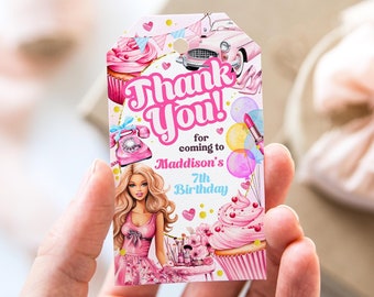 Editable Doll Glam Party Favor Tag Template, Pink Doll Birthday Thank You Cards, Doll Party Favors, Glam Birthday Decor, Girl Favor Tags