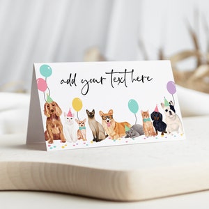 Étiquettes modifiables d'aliments pour anniversaire de chien et de chat, marque-places pour anniversaire de chiot, décoration de fête d'anniversaire de chien, cartes de vœux pour chaton, modèle imprimable