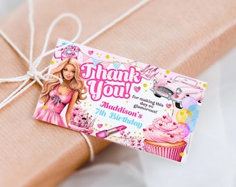 Editable Doll Glam Party Favor Tag Template, Pink Doll Birthday Thank You Cards, Doll Party Favors, Glam Birthday Decor, Girl Favor Tags