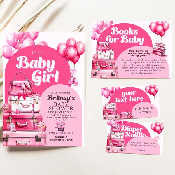 Girly Doll Baby Shower Invitation Bundle Templates, It's A Girl Baby Shower Bundle, Doll Baby Shower, Fashion Doll Baby Shower Invite Bundle