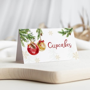 Sjabloon bewerkbare kerstvoedsellabel tentkaarten, babyshower tafeltentkaarten, afdrukbare kerst babyshowerversieringen