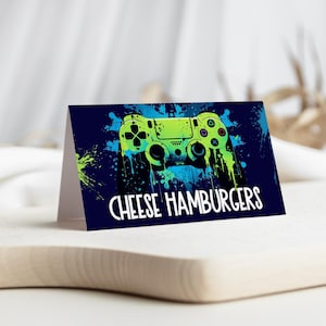 Bearbeitbares Videospiel-Geburtstags-Lebensmitteletikett, Jungen-Gamer-Geburtstagsparty-Lebensmittelzeltkarten, Neon-Gamer-Party, Level-Up-Geburtstagsfeieretiketten, VGBK01