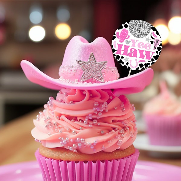 Editable Disco Cowgirl Birthday Cupcake Toppers, Pink Disco Cowgirl Toppers, Girl Rodeo Birthday, Pink Rodeo Party Decorations, DCBP01