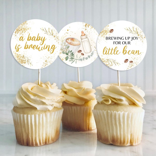 Editable A Baby is Brewing Baby Shower Cupcake Topper, Coed Brewing Baby Shower Cake Topper, Coffee and Milk Bottle Decor