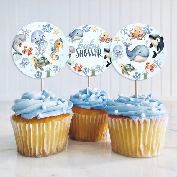 Editable Under the Sea Cupcake Toppers, Ocean Animals Baby Shower, Nautical Party, Blue Boy Baby Shower Decorations, Cupcake Toppers