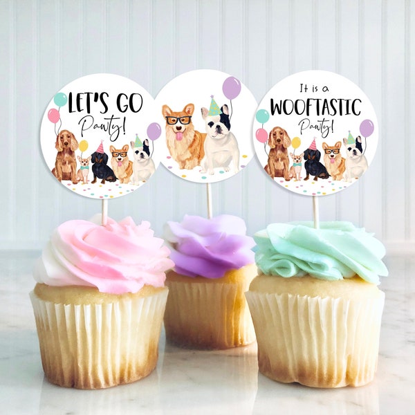 Editable Dog Birthday Party Cupcake Toppers Printable, Puppies Birthday Cupcake toppers, Printable Animal Birthday Cake Toppers