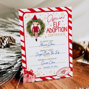 Plantilla de certificado de adopción de elfo editable, tarjeta de adopción de elfo, actividad de elfo imprimible, certificado de elfo navideño, correo del Polo Norte de Santa