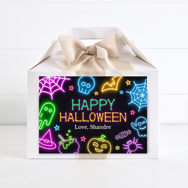 Editable Neon Halloween Birthday Gable Box Labels, Neon Halloween Party Favors,  Neon Halloween Gable Gift Box