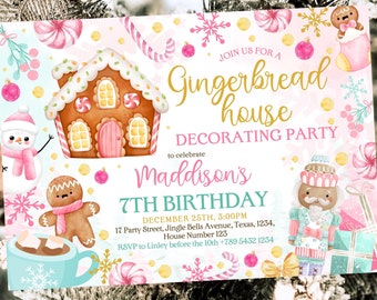 Editable Pink Gingerbread Birthday Invitation, Pink Christmas Birthday Invitation, Christmas Cookies Invitation, Girl Birthday Invite, CBC03