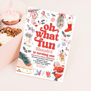 Editable Oh What Fun Christmas Birthday Invitation Template, Christmas Red And Pink Invite, Winter First Birthday Party Invitation