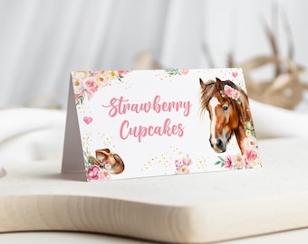 Editable Cowgirl Birthday Party Food Label, Horse Tent Cards (Digital Download)