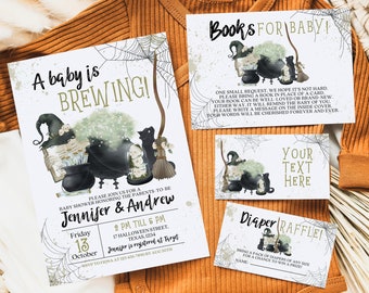 A Baby is Brewing Halloween Baby Shower Invitation Bundle Template, Neutral Halloween Baby Shower Invitation, Green Witch Baby Shower