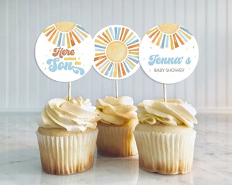 Editable Sunshine Baby Shower Cupcake Toppers, Here Comes the Son Baby Shower, Baby Shower Cake Topper, Boy Boho Sonshine Decor HCTS01