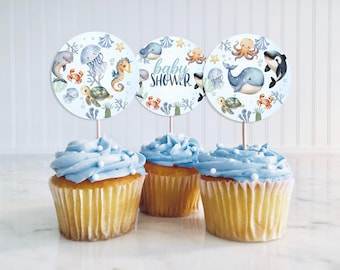 Editable Under the Sea Cupcake Toppers, Ocean Animals Baby Shower, Nautical Party, Blue Boy Baby Shower Decorations, Cupcake Toppers